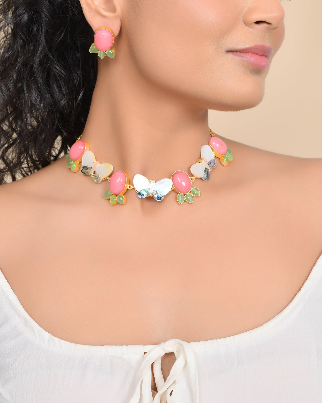 Glimmer Pink Mother of Pearls Necklace Set with Earrings
